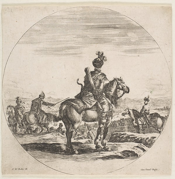 Stefano della Bella, Polish horseman with a bow and arrow, seen from behind with his horse facing right, a circular composition, from "Figures on Horseback" (Cavaliers nègres, polonais et hongrois)