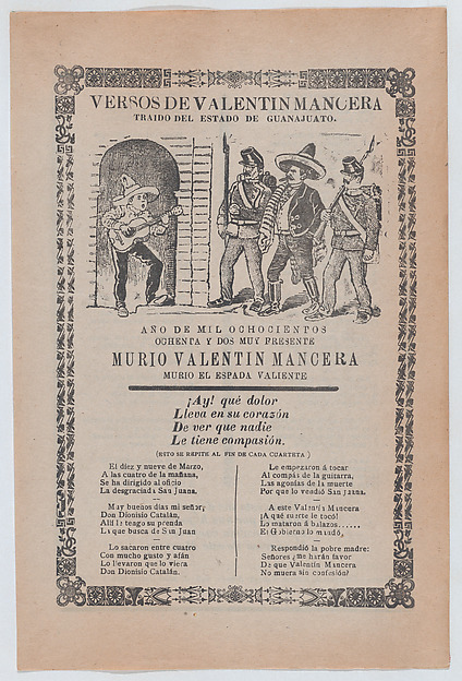 José Guadalupe Posada, Broadsheet relating to the capture of Valentin Mancera who is shown playing the guitar and being cornered by men in uniforms carrying weapons
