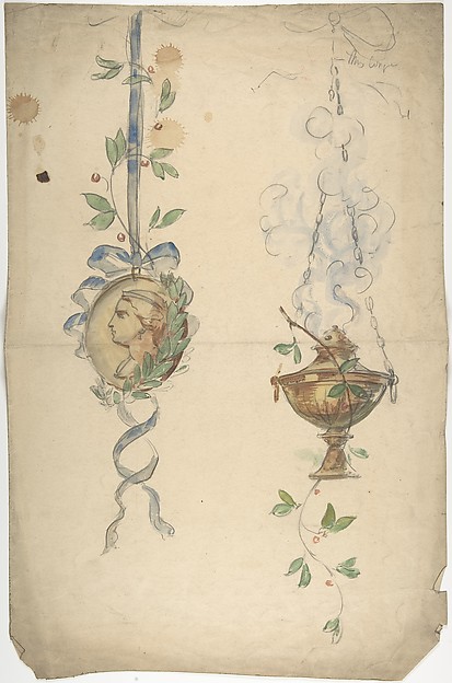 Anonymous, British, 19th century, Designs for Trophies Containing Medallion and Urn