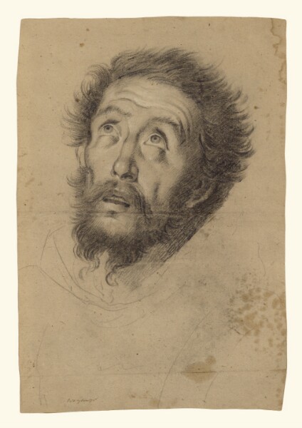 Bernardo Strozzi, Head of Saint Francis (recto); Studies of the Head of Saint Francis, Head of an Old Man, and Two Right Hands (verso)