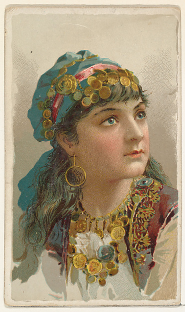 W. Duke, Sons & Co., Actress wearing cloth headpiece decorated with gold coins, from Stars of the Stage, First Series (N129) issued by W. Duke, Sons & Co. to promote Honest Long Cut Tobacco