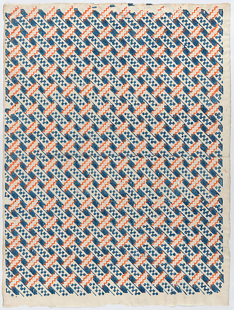 Anonymous, Sheet with overall orange and blue geometric pattern