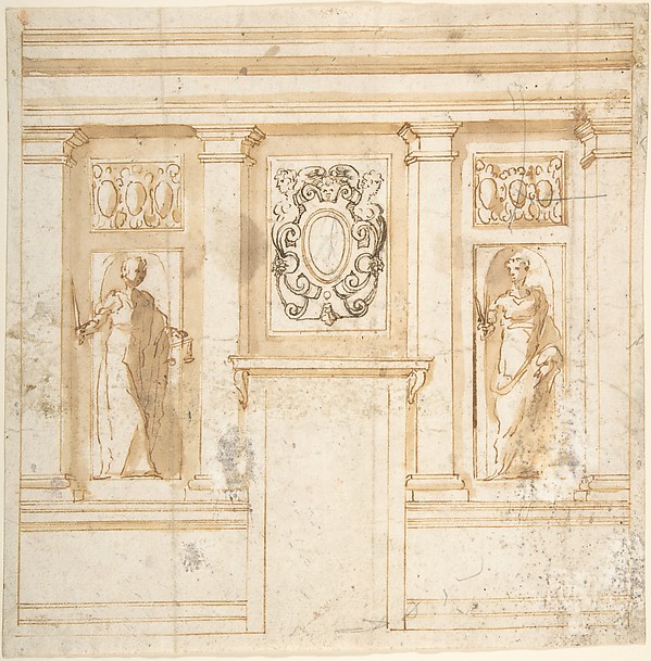 Anonymous, Italian?, 16th century, Elevation of a wall with partial pilasters, reliefs, and niche figures