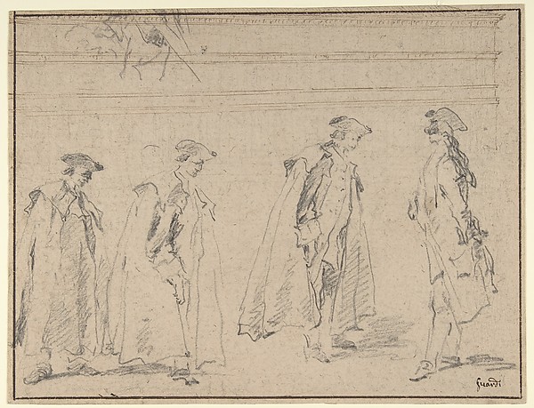 Francesco Guardi, Figure Studies (recto); Figures Along a Canal and on a Bridge; to the right, a Curtain and a Stool (?) (verso)