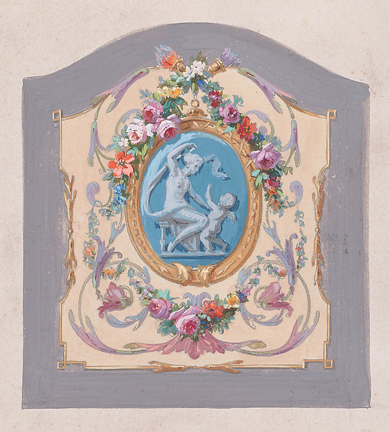 Anonymous, French, 19th century, Design for a Chair Back Cover with an Oval-Shaped Ornamental Frame with a Kneeling Woman and a Playful Putto Surrounded by Garlands of Leaves and Flowers and Scrolling Acanthus Leaves Inside a Larger Ornamental Frame