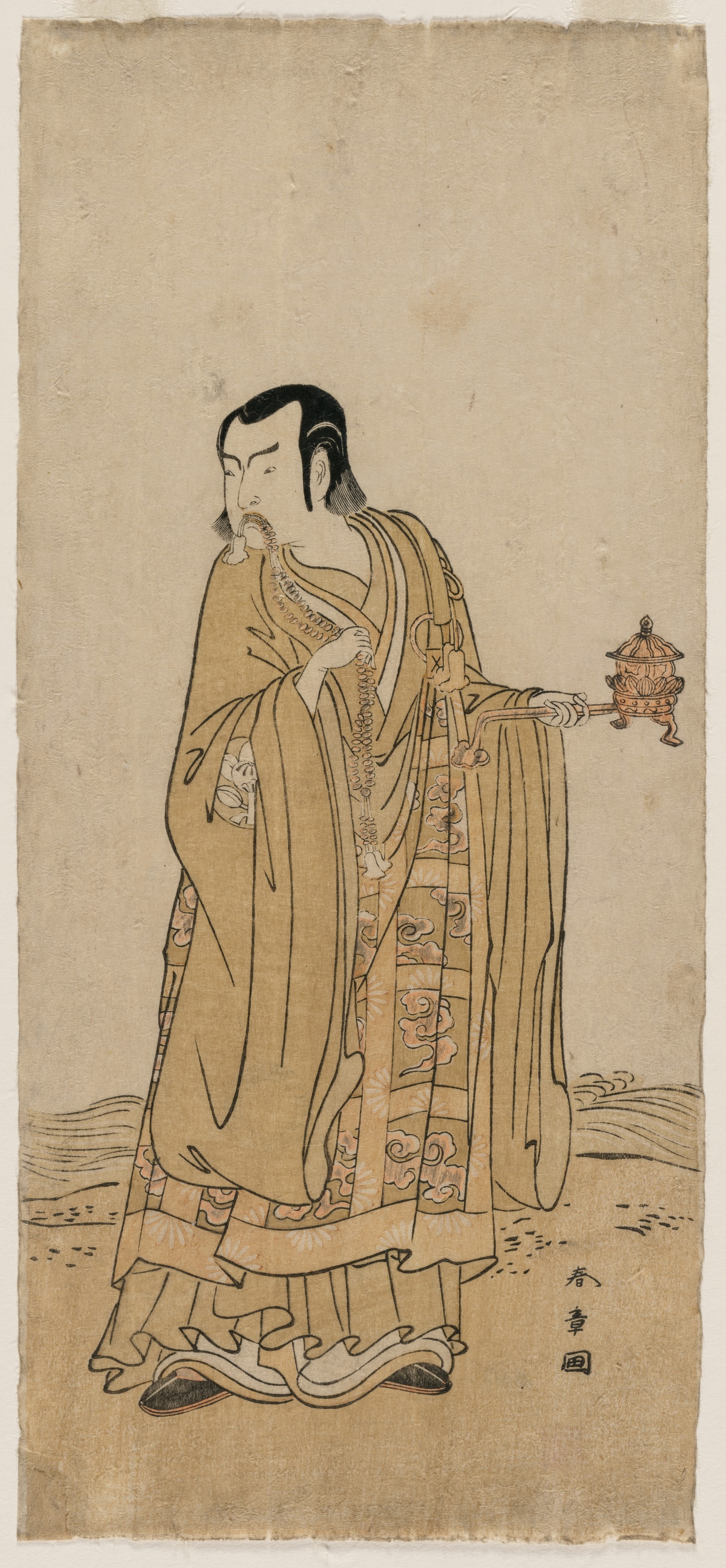 Katsukawa Shunshō, Ichimura Uzaemon IX as Shingen in “A String of Prayer Beads Shaken at a Ribbon of Waterfall”