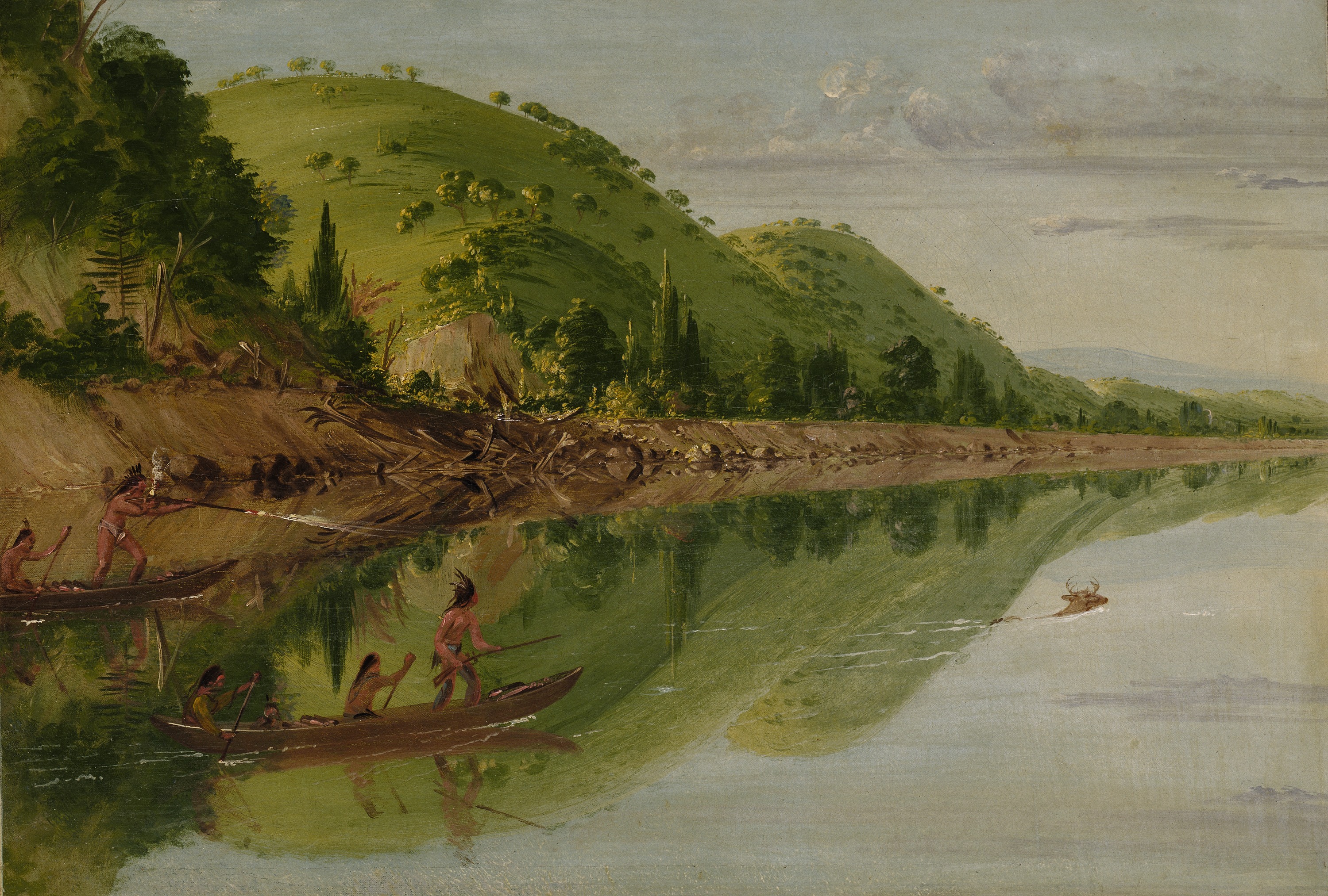 George Catlin, View on the St. Peter's River, Sioux Indians Pursuing a Stag in their Canoes