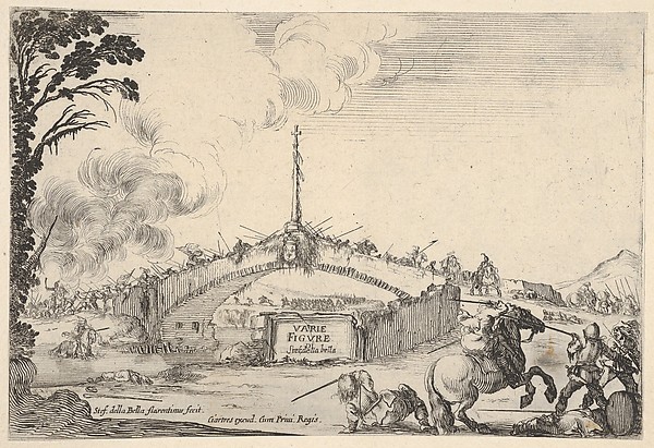 Stefano della Bella, Combat on a bridge, a horseman and two footsoldiers battle with swords at bottom right, one footsoldier on the ground to left of the horseman, various soldiers with swords on the bridge in the background, French coat of arms displayed in center of bridge, title page from "Varie Figure"