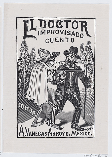 José Guadalupe Posada, A skeleton wearing a cape speaking to a frightened man with a cane and backpack, illustration for 'El Doctor Improvisado (The Impromptu Doctor)' edited by Antonio Vanegas Arroyo