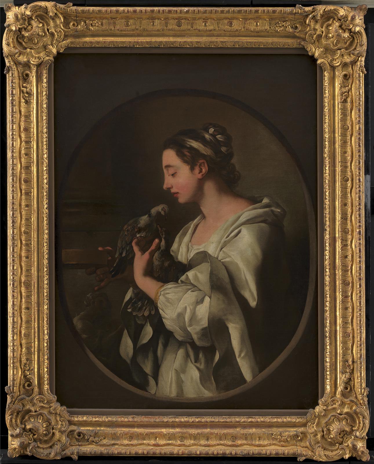 Jean Francois de Troy, "L'Amour conjugal". Ung kvinde med to duer. Allegori på den ægteskabelige kærlighed