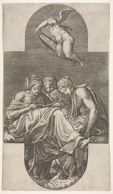 Giorgio Ghisi, Three Muses seated below a flying putto who grasps a lyre with both hands, a cruciform composition, from a series of eight compositions after Francesco Primaticcio's designs for the ceiling of the Gallery of Ulysses (destroyed 1738-39) at Fontainebleau