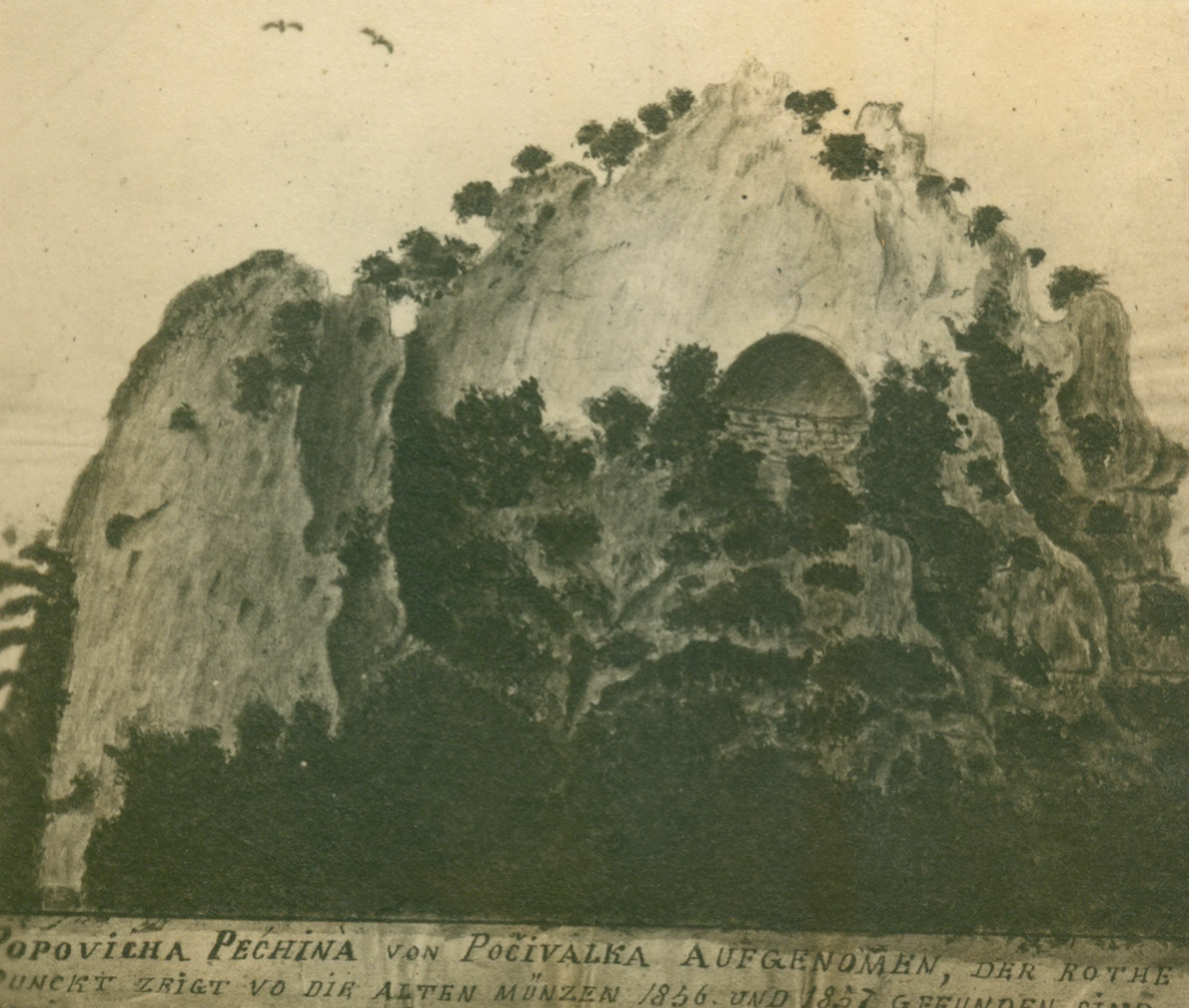 Josip Brunšmid, Popovića pećina - zazidani zbjeg, akvarel Omčikusa iz 1860. godine
