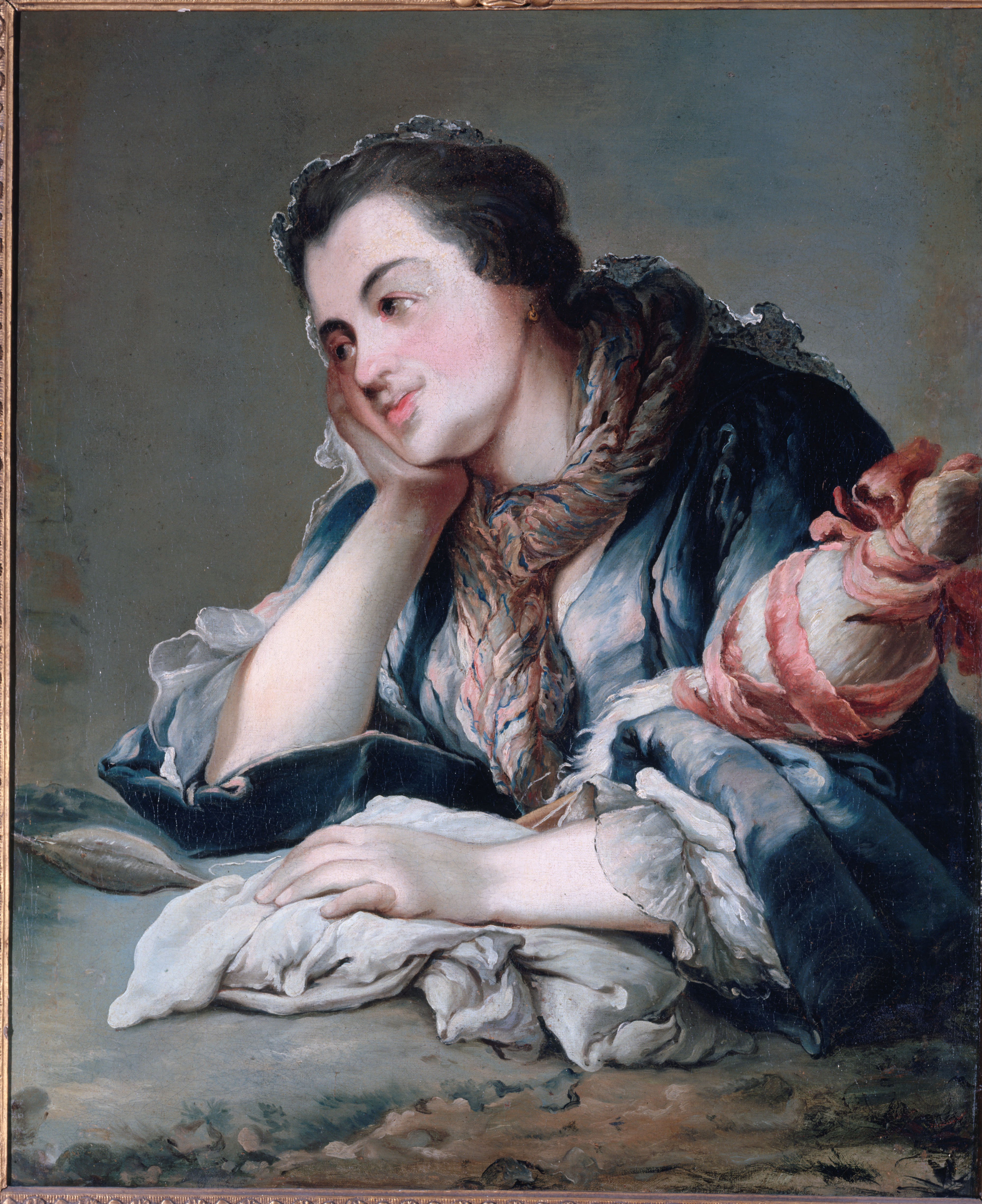 Anonyme, Portrait d'une femme tenant une quenouille, vers 1740
