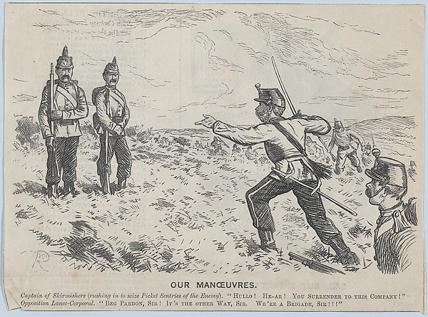 Anonymous, British, 19th century, Our Manoeuvres – Captain of Skirmishers Addresses a Lance-Corporal (recto); Sad, But a Fact! (verso)
