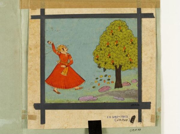 Unknown, A man hurling stones at a mango tree.