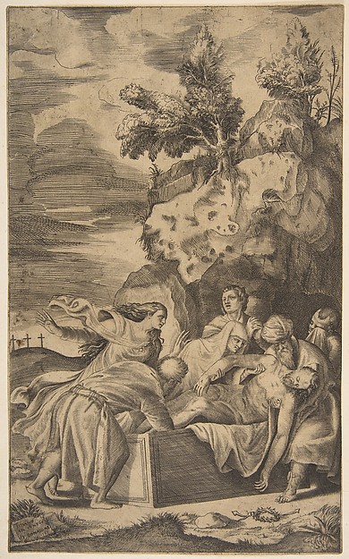 Giulio Bonasone, The entombment of Christ, the crosses on Calvary visble in left background