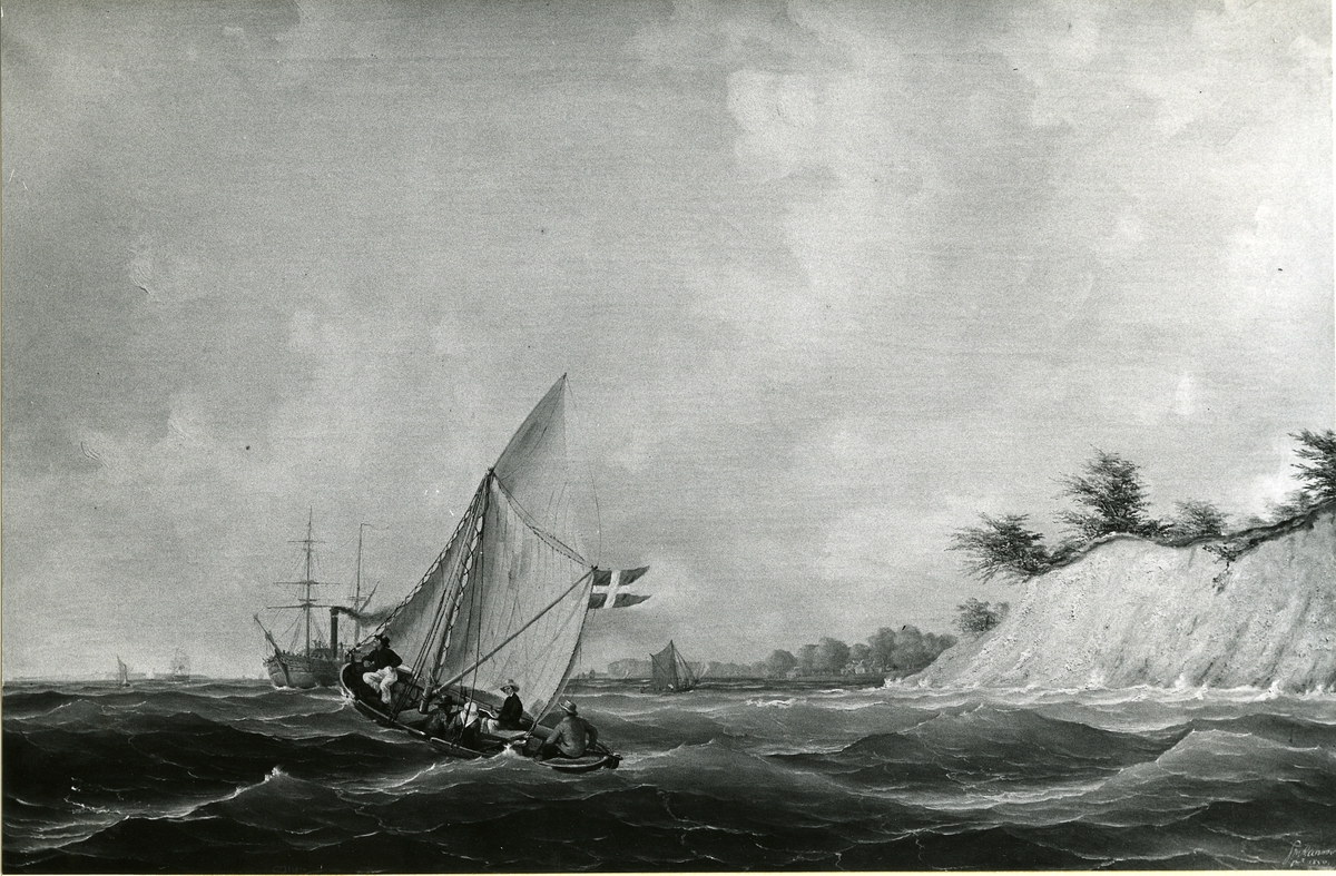 Okänd fotograf, Jakt utanför danska kusten. (med Marcus Larsson ombord) Oljemålning 1850. Storlek 77 x 116 cm.