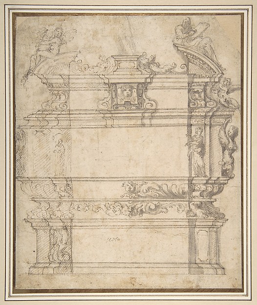 Anonymous, Italian, 16th century, Design for a Tomb with Female Figures, Putti and Mythological Creatures