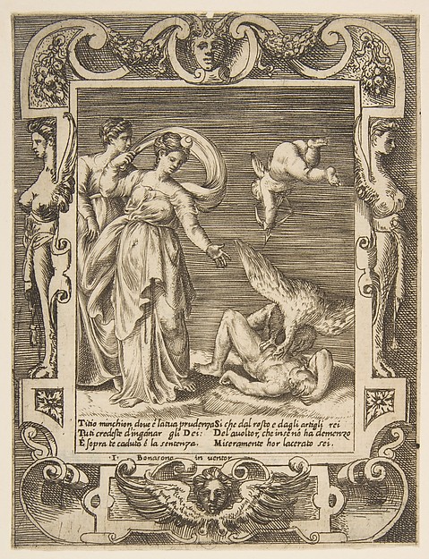 Giulio Bonasone, A vulture eating the innards of Titius, Cupid above two women to the left, set within and elaborate frame, from "Loves, Rages and Jealousies of Juno"