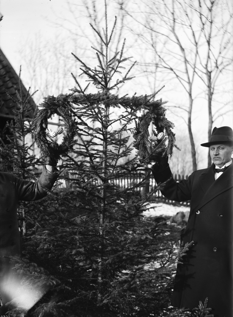 Paul Sandberg, Kantor EH Ahlin vid rekonstruktion av julgranar klädda med kransar och målade ägg, Knivsta socken, Uppland 1935