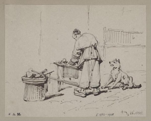 George Chinnery, A Chinese man stooping over a table, watched by a dog