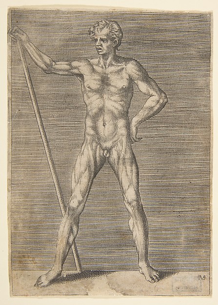 Giulio Bonasone, Flayed man seen frontally, holding a stick
