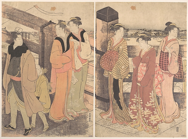 Katsukawa Shunchō, A Group of Women, One Man and a Boy on a Bridge
