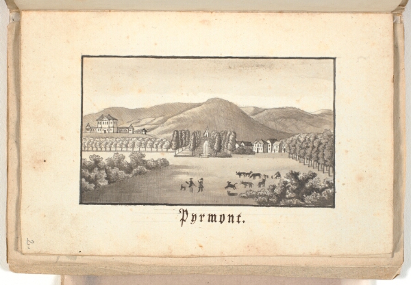 P.C. Skovgaard, På en plads kranset af træer står to mænd med noget kvæg. I baggrunden ses et lille anlæg med træer, springvand og et lille slot i et kuperet terræn.