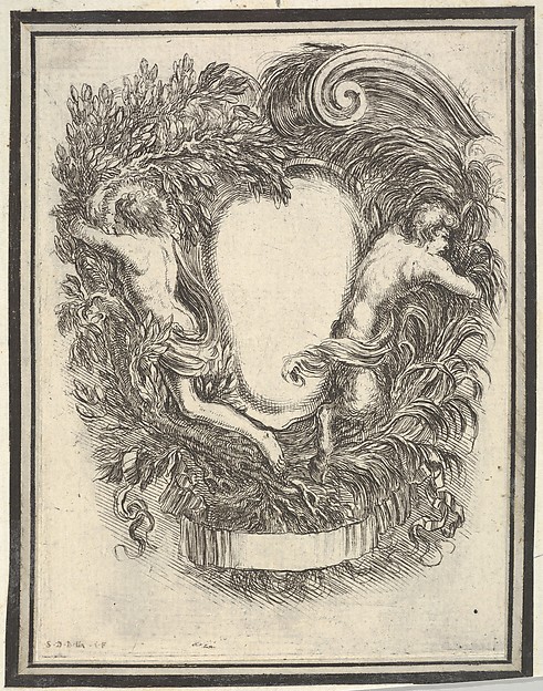 Stefano della Bella, A cartouche flanked by Apollo and Pan, plate 5 from "Nouvelles inventions de Cartouches"