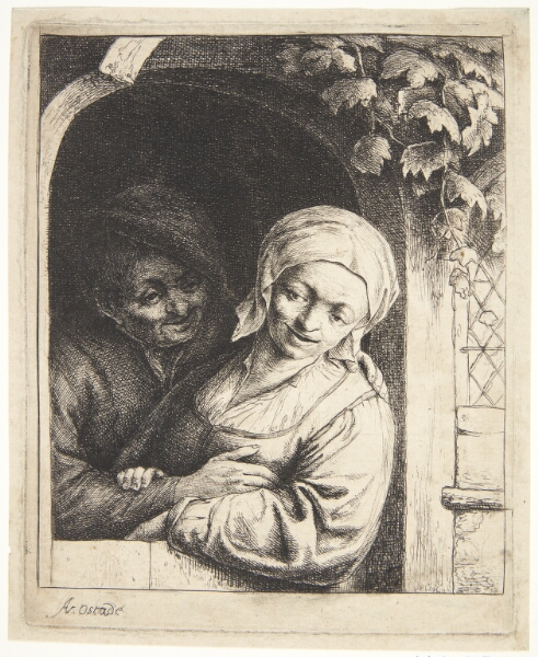 Adriaen van Ostade, Mand, der omfavner en bondepige i en døråbning