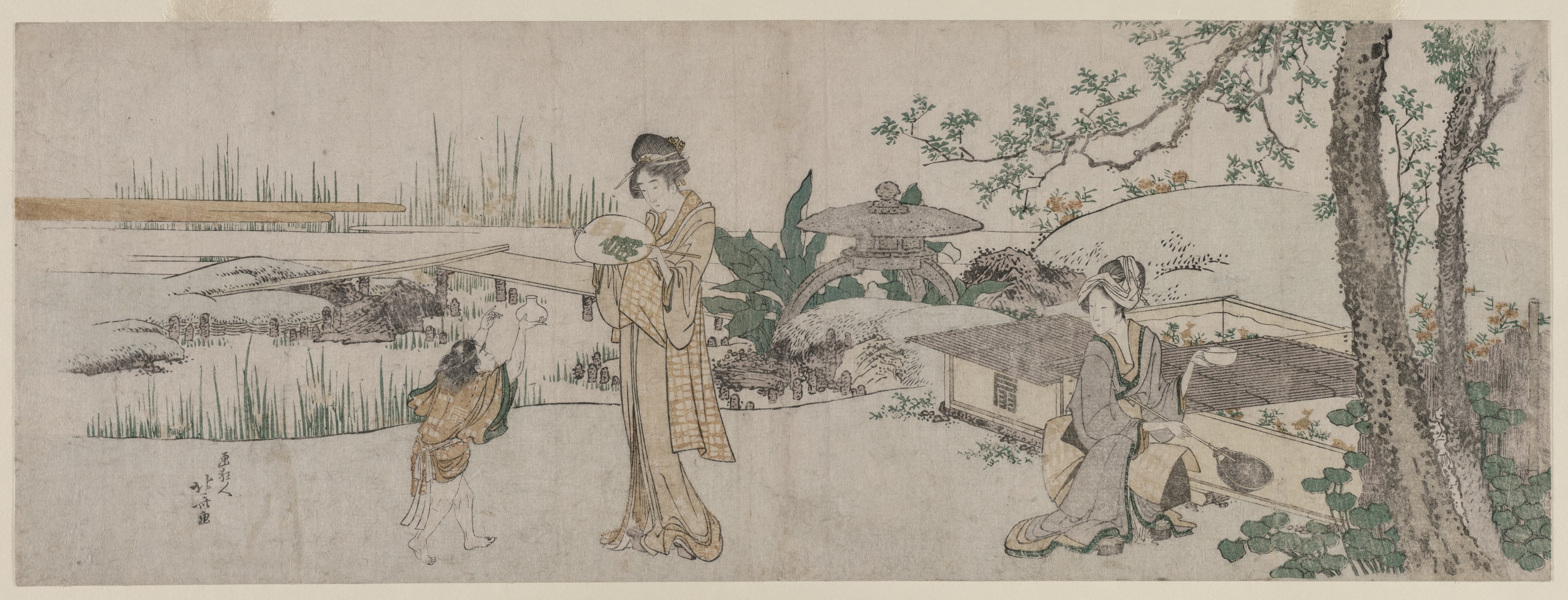 Katsushika Hokusai, Two Women and a Child Beside a Goldfish Tank