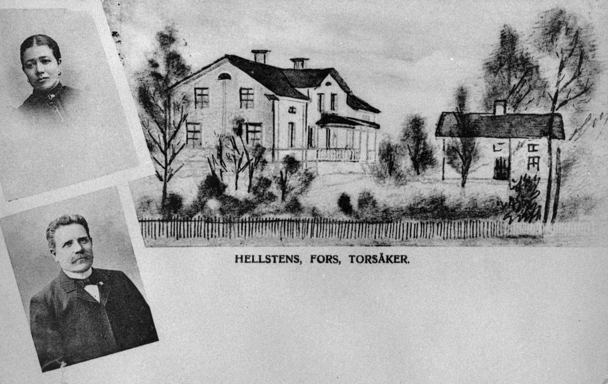 Unknown artist, Porträtt på herr och fru Hellsten. Tecknad bild på huset.