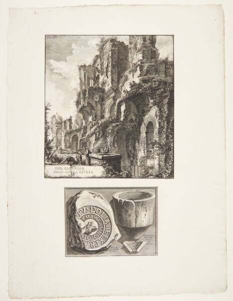 Giovanni Battista Piranesi, Fontænen Acqua Giulia, set fra siden, samt to fragmenter fra vandledningnes rørsystem