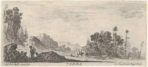 Stefano della Bella, Earth, four figures in foreground to left, hills to left in the background, many trees to right in the background, a horseman in center in the background, from "The Four Elements" (Les Quatre Eléments)