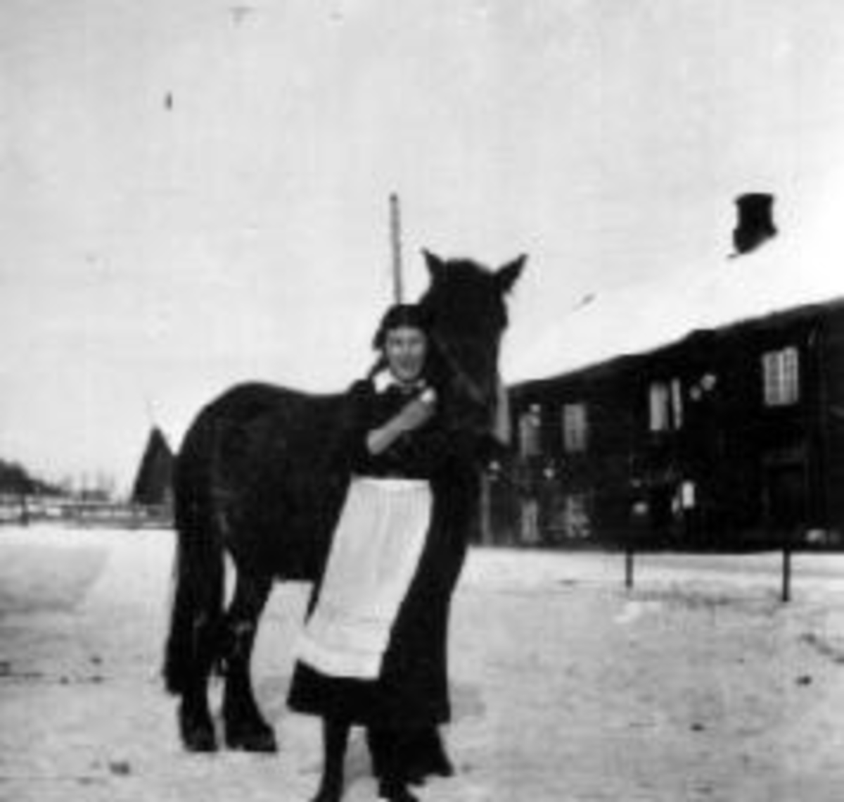 Anno Domkirkeodden, Åsta Lervig holder hest utenfor Nes Handelsforening, Tingnes, Hedmark. Hun var datter til pedell på Tingnes.