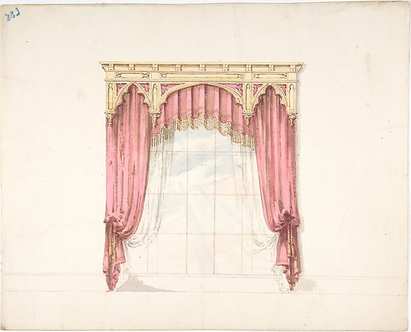 Anonymous, British, 19th century, Design for Red Curtains with Gold Fringes and a Gold Gothic Pediment