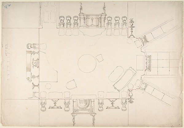 Anonymous, British, 19th century, Plan and Elevations of a Music Room