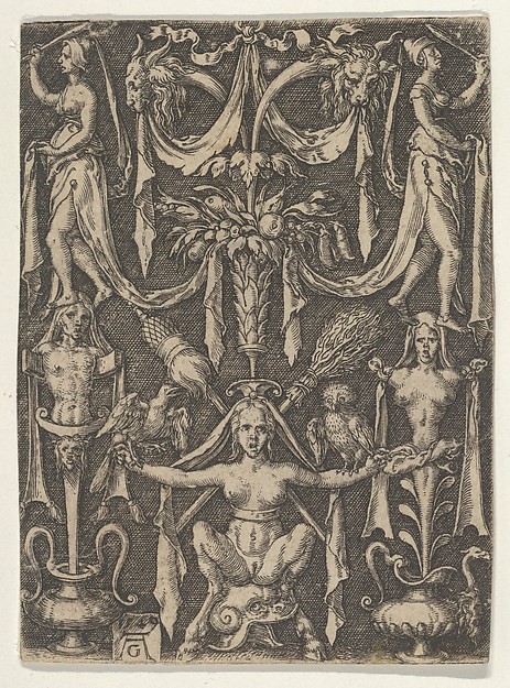 Heinrich Aldegrever, Panel with a Candelabrum Containing a Female Satyr Seated on a Helmet