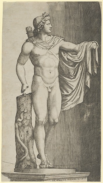 Marcantonio Raimondi, The Apollo Belvedere from the Vatican his left hand resting on the tree trunk around which coils a python