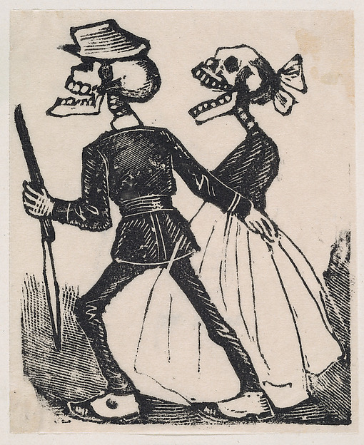José Guadalupe Posada, A male skeleton leading a female skeleton to the left, from a broaside entitled 'La Calavera de Cupido', published by Antonio Vanegas Arroyo.