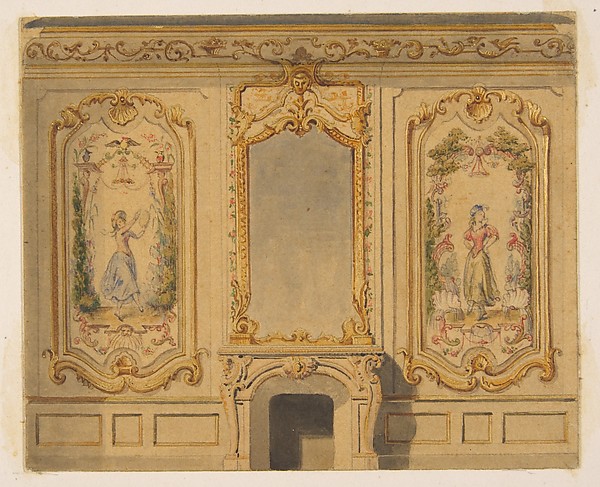 Jules-Edmond-Charles Lachaise, Elevation of an interior wall decorated with a chimney piece surmouted by a mirror and flanked with painted panels