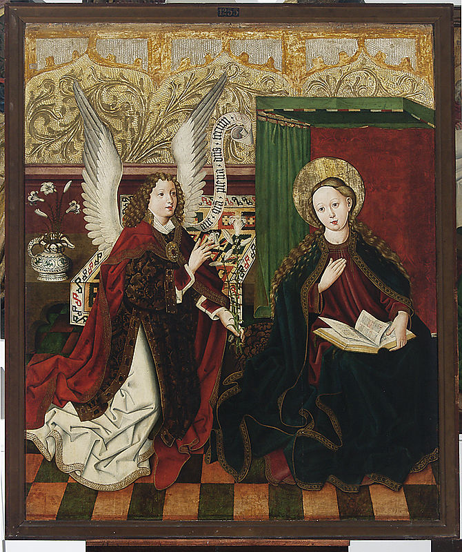 Mikołaj Obilman, Legnica polyptych - left wing internal - upper panel - obverse: Annunciation; reverse: St Lawrence, St Vincent the Levite. St John the Baptist