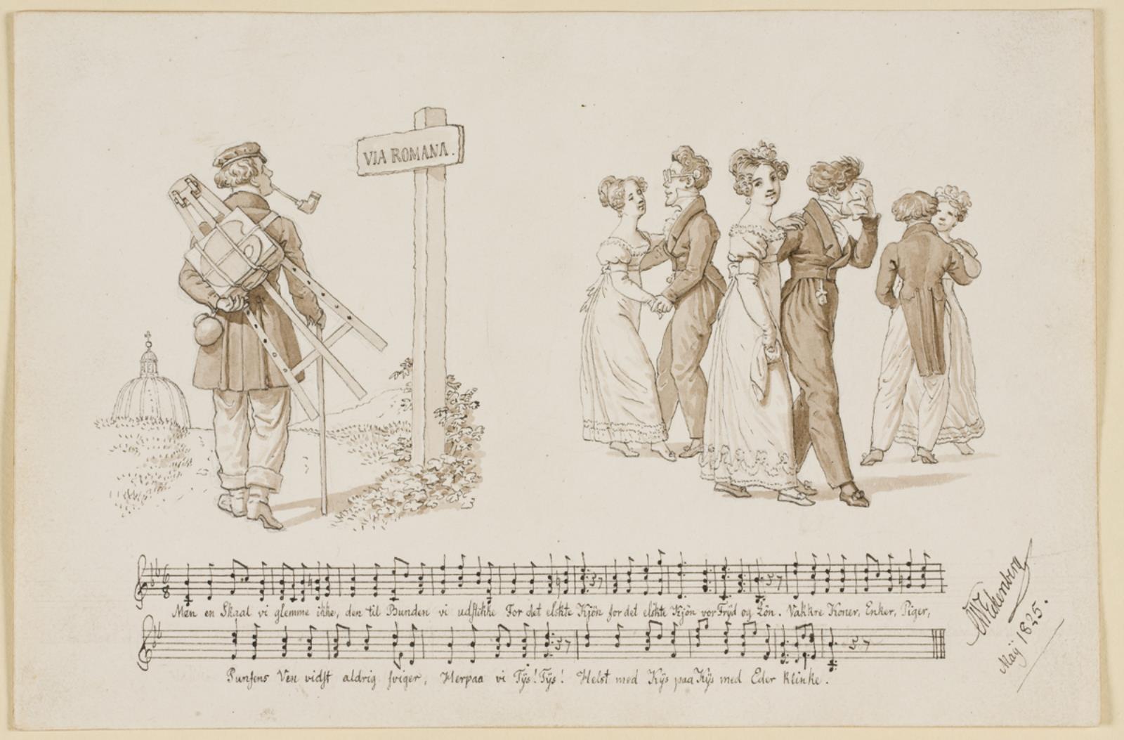 C.W. Eckersberg, En vandrende kunstner på vej til Rom samt tre dansende par. Desuden to rækker noder og tekst
