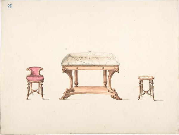 Anonymous, British, 19th century, Design for a Marble Topped Table and a Low-backed Chair and a Stool