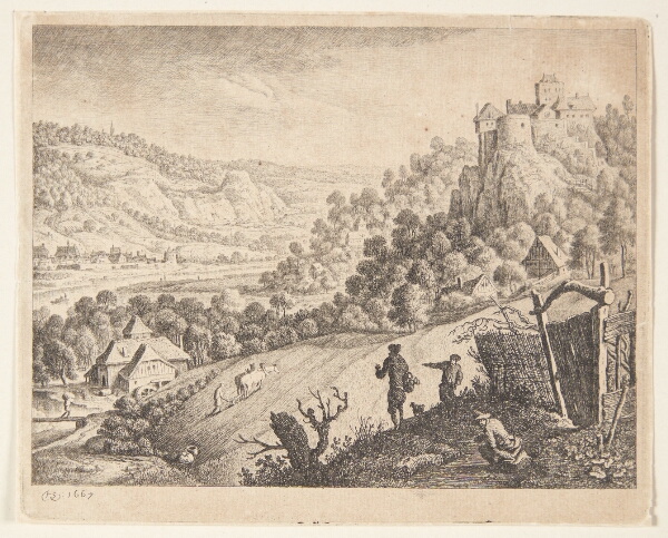 Herman Saftleven, Panorama over bjergrigt landskab med en flod, i forgrunden marker