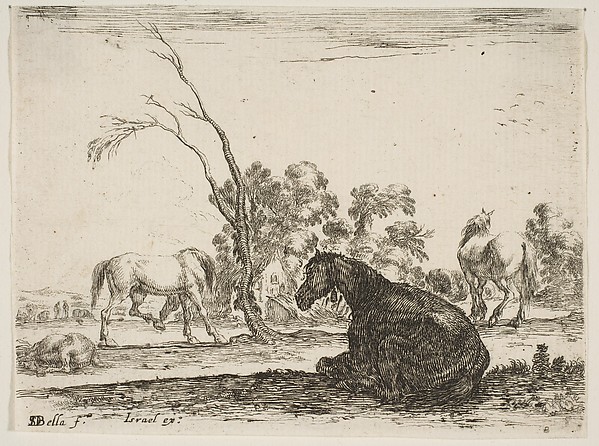 Stefano della Bella, A seated horse to right, seen from behind and turned to the left, three other horses in middleground, a tree in center, plate 8 from "Various Figures" (Agréable diversité de figures)