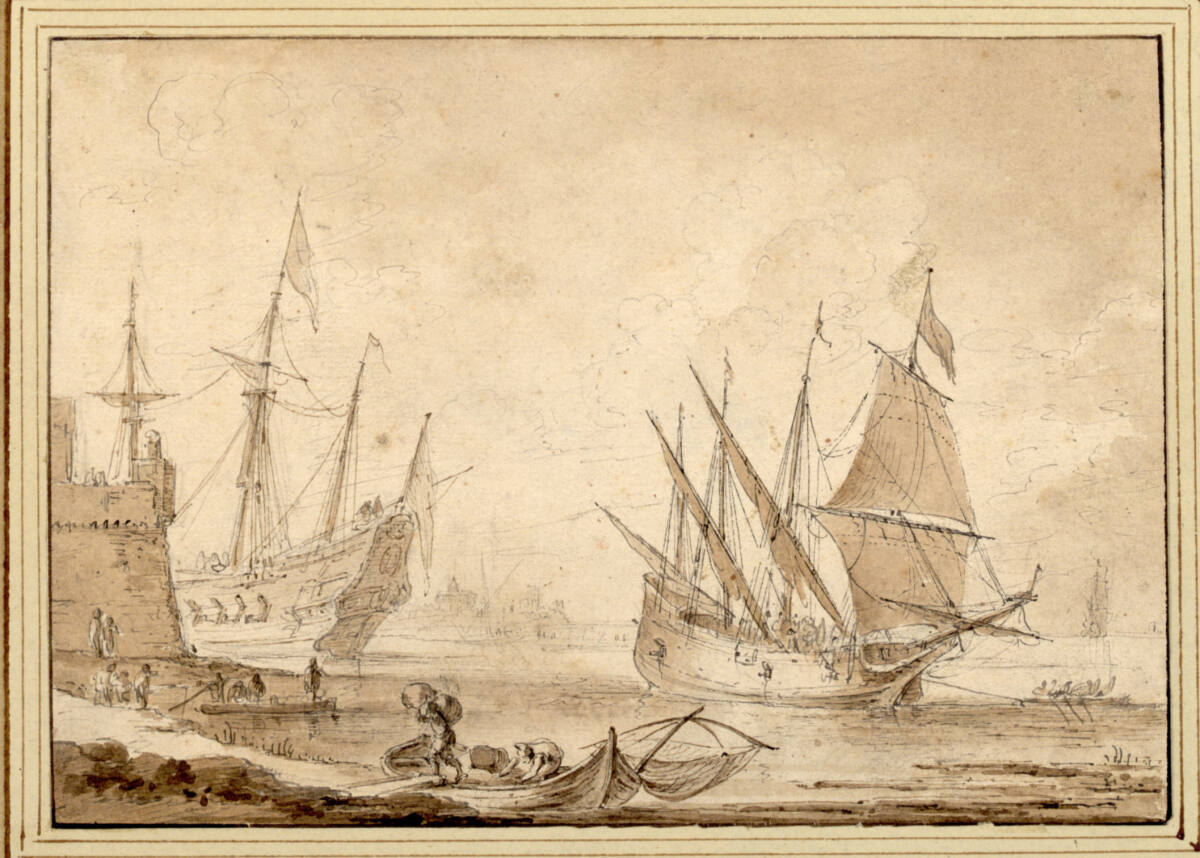 Anonym, Seestück. (Hafen mit Turm und anlegendem Fischerboot; auf dem Meer zwei Schiffe)