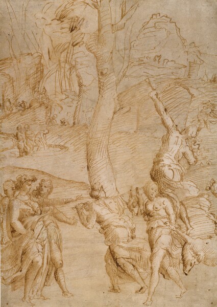 Unknown, Hunting Scene (recto); Two Studies of a Pair of Reclining River-Gods (?), a Sarcophagus Front (?) verso