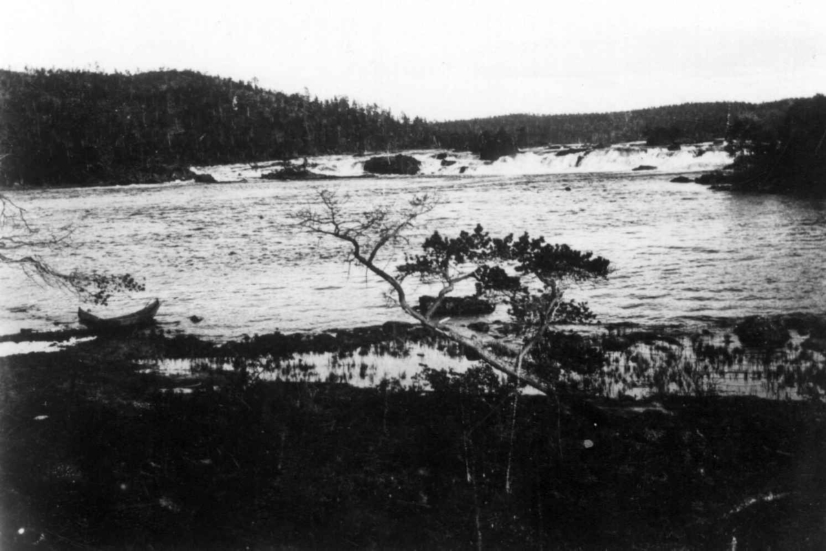 Ellisif Rannveig Wessel, Oversiktsbilde over Männikafoss (furuskogfossen), Pasvikdalen, Sør-Varanger, Finnmark, 1890-årene.
