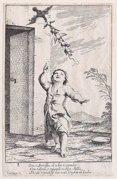 Giuseppe Maria Crespi, Plate 13: Bertoldino with birds carried off by a kite, from "Bertoldo, Bertoldino, and Cacasenno"